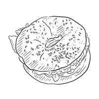 A filled bagel illustration created by hand and shaded using lines. This black and white clip art artwork featured a filled bagel with sesame seeds on top. All created by hand. vector