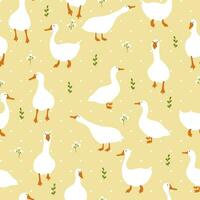 Seamless pattern with cute white gooses and flowers. Funny hand drawn print. vector