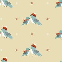 Cute bird family with snowflakes. Winter seamless pattern vector