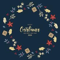 Hand drawn Merry Christmas 2024 text with illustration of tree branches, berries, cones and holly. Good option for greeting card, invitation, poster template and etc. vector