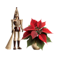 AI generated Photo of Christmas Poinsettia Plant Next To A nutcracker soldier png