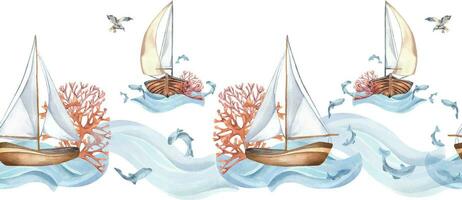 sin costura marítimo acuarela borde. mano dibujado buques con algas marinas y peces aislado en blanco antecedentes. velero, yate ilustración en pastel colores. infantil elemento para diseño invitación, habitación vector