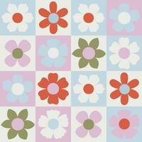 Seamless checkered pattern with simple flowers. Vector graphics.