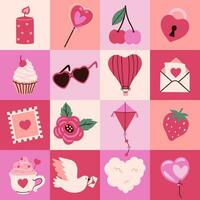 Seamless checkered pattern with Valentine's day items. Vector graphics.