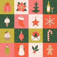 Seamless checkered pattern with Christmas items. Vector graphics.