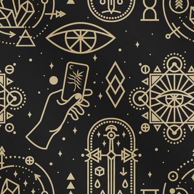 Gold esoteric seamless pattern, background. Vector. Thin line geometric pattern. Outline texture for alchemy , sacred geometry. Mystic and magic design with philosopher stone, hand, old sword