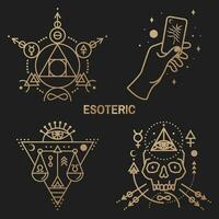 Gold esoteric symbols. Vector. Thin line geometric badge. Outline icon for alchemy or sacred geometry. Mystic and magic design with philosopher stone, hand, skull and law scale. vector