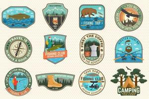Set of fishing, camping patch. Vector. Concept for shirt or logo, print, stamp, tee, patch. Vintage typography design with fisher, river, rainbow trout, bear, mountain silhouette. vector