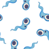 sömlös mönster med vattenfärg bebis tecken liknande till utomjording, monster, mikrob bakgrund. tecknad serie röd bakterie med ögon, flagella, lång blå cell med svans. skriva ut för textil, tapet png