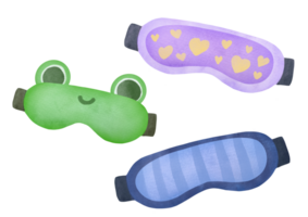 cute Sleep masks. blue, striped, green frog shaped, purple with heart loungewear. watercolor set on transparent background, cutout clipart personal accessory for comfort bedtime deep relaxation png