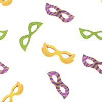 Mardi Gras carnival masks seamless pattern. fat tuesday carnival mask on background. festival masquerade accessories green, yellow, purple colors. wallpaper, print for holiday gift wrapping png