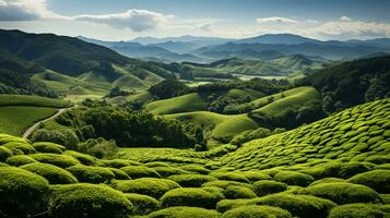 AI generated tea plantation background photo