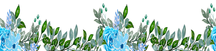 Watercolor Blue Flower and leaves Border. Botanical Floral Frame hand painted png