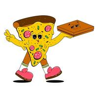 Pizza character in retro cartoon style. A piece of pizza with a funny expression on its face, arms and legs. Vector illustration in flat style.