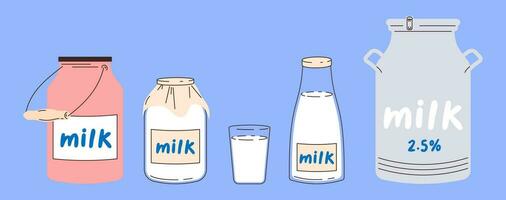 Set of containers and utensils for milk in flat style. Milk bucket, glass, jar, can and glass bottle with milk. Storing milk in the village. vector