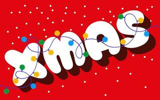 Christmas background with snow and text. Vector illustration of Merry Christmas greeting in flat style. White volumetric letters with New Year's lanterns on a red background.