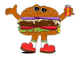 Burger character in retro cartoon style. Hamburger with funny facial expression, arms and legs. Fast food character vector illustration in flat style.