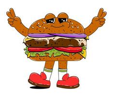 Burger character in retro cartoon style. Hamburger with funny facial expression, arms and legs. Fast food character vector illustration in flat style.