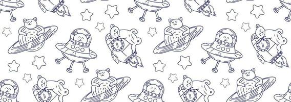 Seamless pattern with pets in space. Vector background with cute cats in linear style. Doodle illustration of cute pets.
