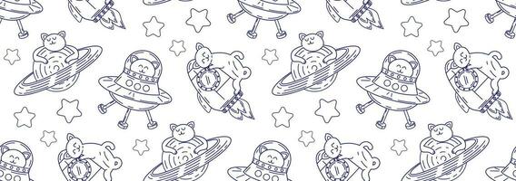 Seamless pattern with pets in space. Vector background with cute cats in linear style. Doodle illustration of cute pets.