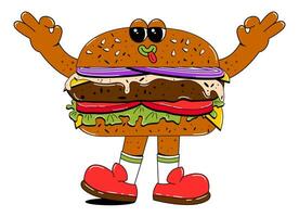 Burger character in retro cartoon style. Hamburger with funny facial expression, arms and legs. Fast food character vector illustration in flat style.