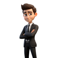 ai generato 3d carino cartone animato uomo d'affari personaggio nel nero completo da uomo su trasparente sfondo png