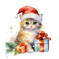 AI generated Hand Drawn Cute Christmas Cat with santa hat in Watercolor Style, Clipart for Holiday Decoration, Isolated on Transparent Background for Creative Crafting and Design png