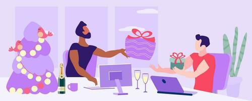 People exchange Christmas and New Year gifts vector