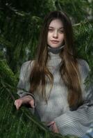 retrato de Adolescente niña en pino bosque, mirando a cámara. adolescente sin maquillaje vestido gris suéter foto