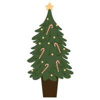 Christmas tree decorated with festive baubles, garland. Traditional Xmas holiday fir with ball ornament, star. Artificial spruce on stand. Flat vector illustration isolated on white background