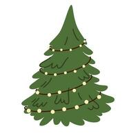 Christmas tree decorated with festive baubles, garland. Traditional Xmas holiday fir with ball ornament, star. Artificial spruce on stand. Flat vector illustration isolated on white background