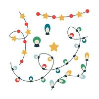 Set of Christmas garland with light bulbs, stars. Winter holiday elements. vector