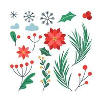 Set of Christmas branch with berries and leaves, red flower, tree branch. Winter holiday elements. vector