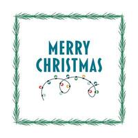 Christmas lettering, text and garland, frame with tree branch. vector