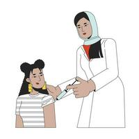 latina estudiante vacunación hembra médico 2d lineal dibujos animados caracteres. musulmán hijab médico procedimiento inyectando aislado línea vector personas blanco antecedentes. vacuna color plano Mancha ilustración