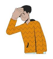 Sick latino man taking temp on forehead 2D linear cartoon character. Depressed suffer headache isolated line vector person white background. Feeling skin temperature color flat spot illustration