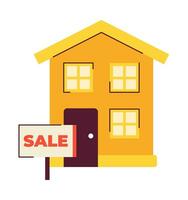 For sale sign house 2D illustration concept. Selling home. Property for sale isolated cartoon object, white background. Apartment real-estate agency sign metaphor abstract flat vector graphic