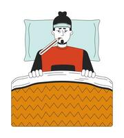 Cold sick caucasian man lying in bed 2D linear cartoon character. Top view exhausted male with thermometer isolated line vector person white background. Wrapped in blanket color flat spot illustration