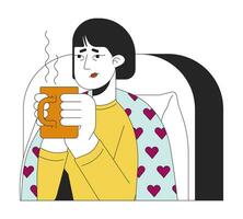 Sick tired asian woman drinking hot beverage 2D linear cartoon character. Korean female holding mug of warm tea isolated line vector person white background. Relief cold color flat spot illustration