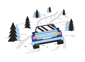 Drive in snow blizzard forest line cartoon flat illustration. Car on slippery road icy condition 2D lineart object isolated on white background. Dangerous road ice. Non-urban scene vector color image