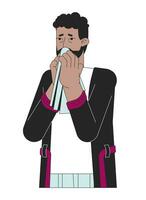 Allergy sniffing man african american bearded 2D linear cartoon character. Handkerchief sneezing black male isolated line vector person white background. Blow runny nose color flat spot illustration