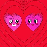 Retro Happy Valentine's day card with two flirting character hearts. Vintage groovy hearts. 90s style vibe vector