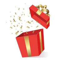 Opened red gift box with golden bow. Confetti fly out of the box. Flat vector illustration of big present box