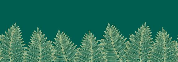 Seamless tropical border with fern leaves. Forest with christmas trees. Linear plants on green background. Line art pattern. Vector illustration