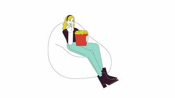 Beanbag woman holding popcorn bucket line 2D character animation. Movie watching home flat color cartoon 4K video, alpha channel. Caucasian girl relaxing on sag bag animated person on white background video