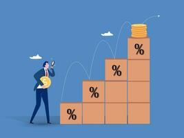 inversión y financiero crecimiento, interesar crecimiento en depósitos y ganancia, económico mejora y pib crecimiento, salario crecimiento y desempleo reducción, un hombre soportes cerca un creciente grafico con un moneda. vector