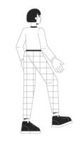 Young korean woman stepping forward black and white 2D line cartoon character. Back view female office worker in checkered pants isolated vector outline person. Monochromatic flat spot illustration