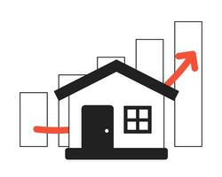 Property housing market rising graph black and white 2D illustration concept. Mortgage rates. Real estate price chart isolated cartoon outline object. Home price growth metaphor monochrome vector art