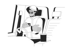 sobrevivir atrapado en coche en nieve negro y blanco dibujos animados plano ilustración. latino hombre congelación dentro vehículo 2d arte lineal personaje aislado. temblando sin calentador monocromo vector contorno imagen