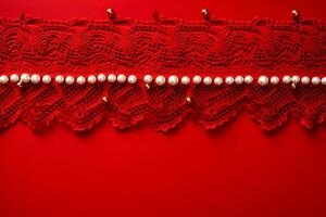 AI generated Christmas decoration on red background with space for text. Top view. photo